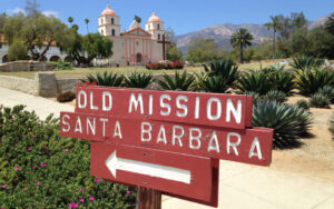 Mission in Santa Barbara visited by limousine