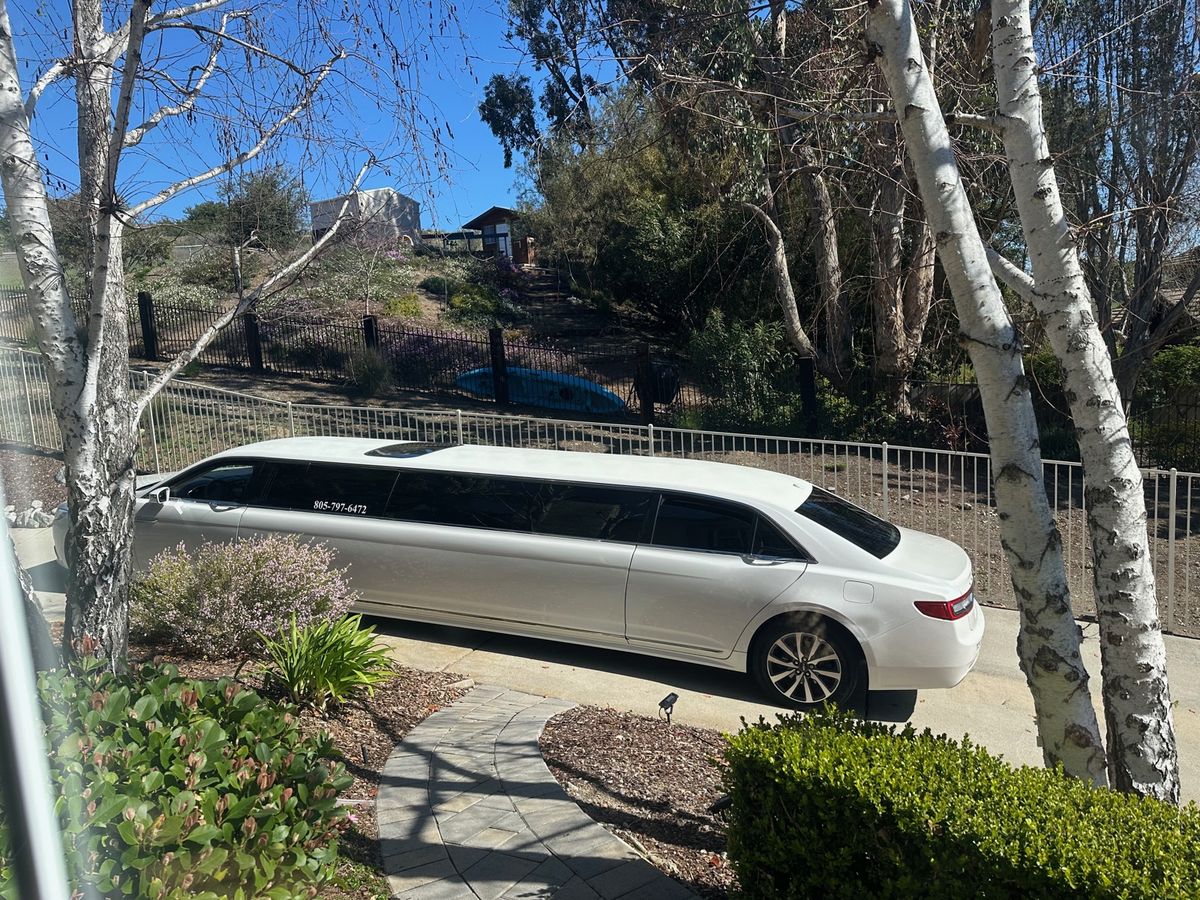 White Lincoln MKT stretch limousine among the trees